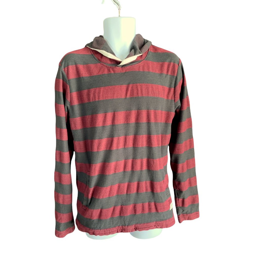 Vans Heritage Long Sleeve Striped Hoodie Large Skate Shirt Burgundy Black Pocket
